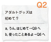 Q2 アダルトグッズは初めて？ a.うん、はじめて→Q9へ　b.使ったことあるよ→Q6へ